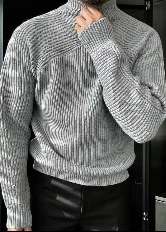 Striped Light Grey Turtleneck Solid Knit Men Sweaters Winter