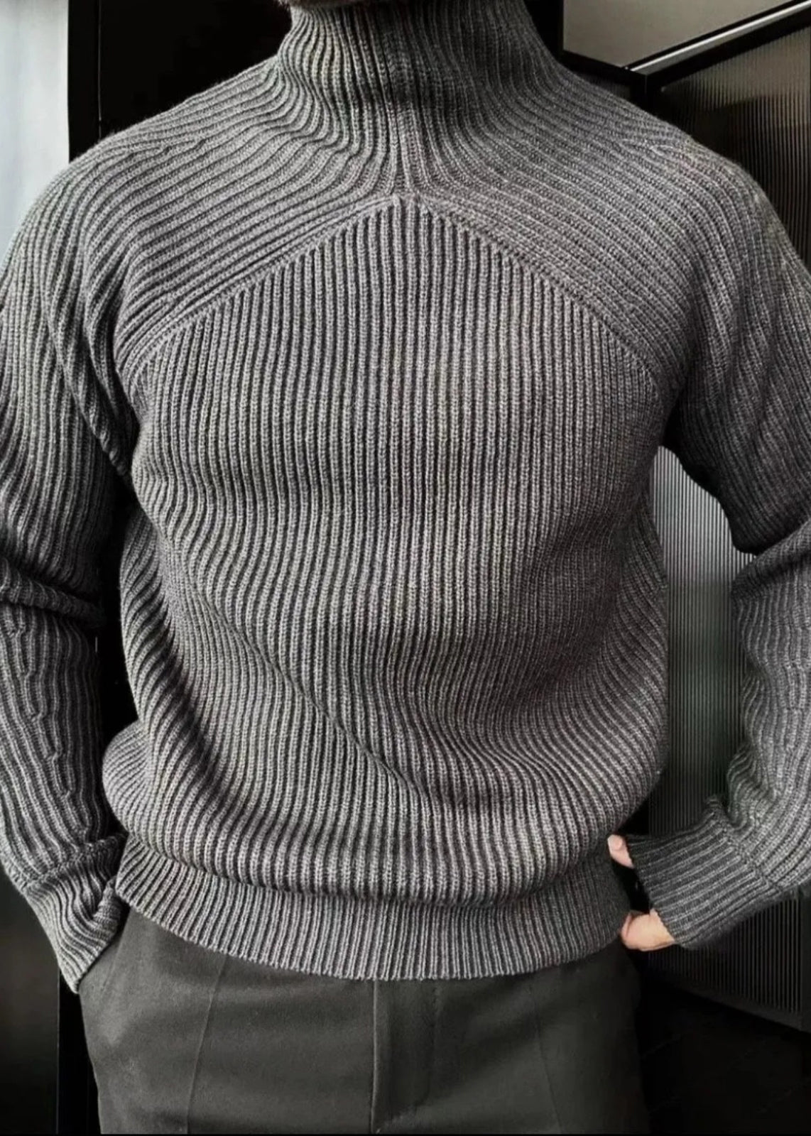 Striped Light Grey Turtleneck Solid Knit Men Sweaters Winter