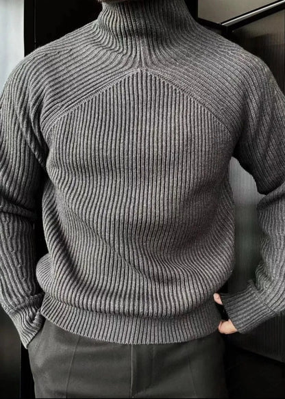 Striped Light Grey Turtleneck Solid Knit Men Sweaters Winter