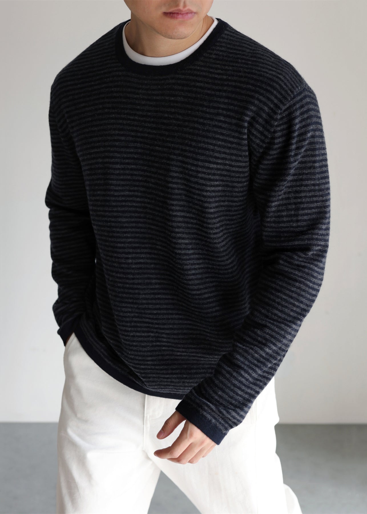 Striped O Neck Cozy Thin Knit Mens Sweater Fall