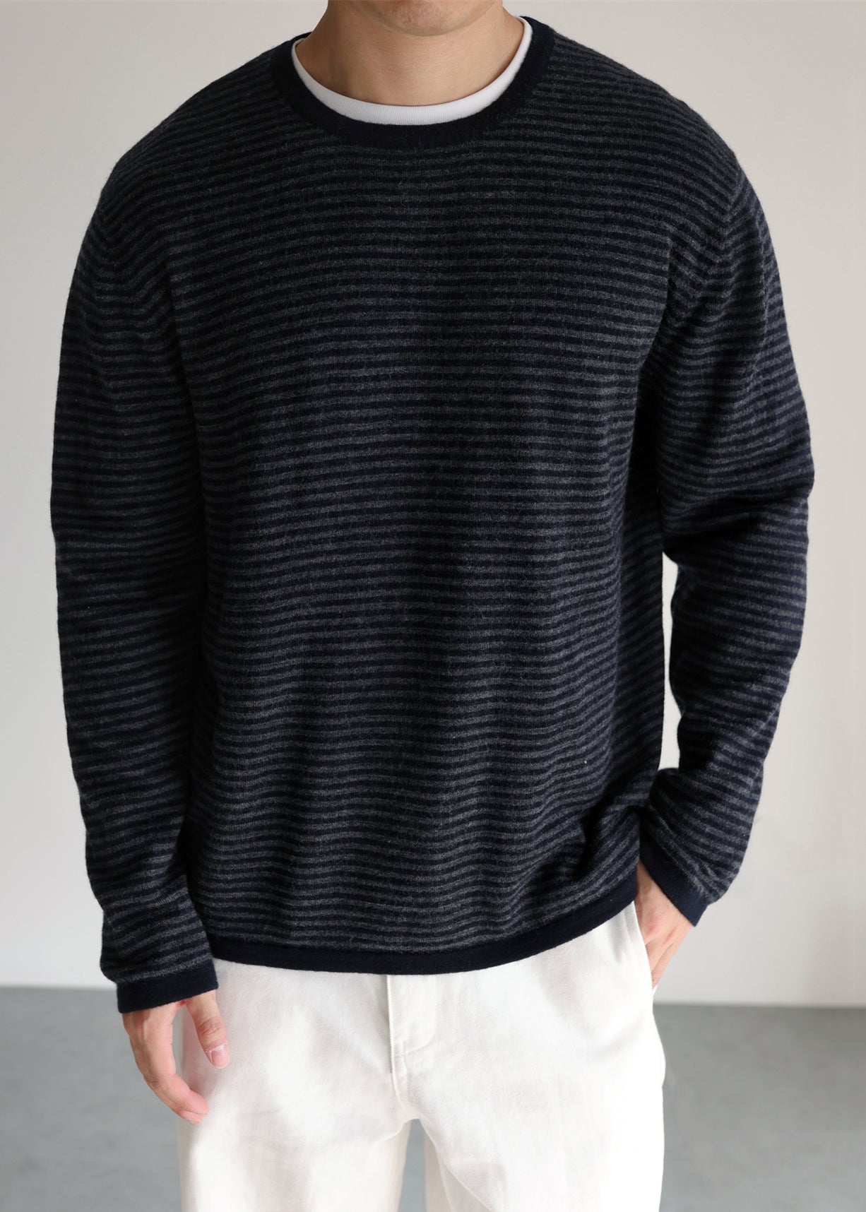 Striped O Neck Cozy Thin Knit Mens Sweater Fall