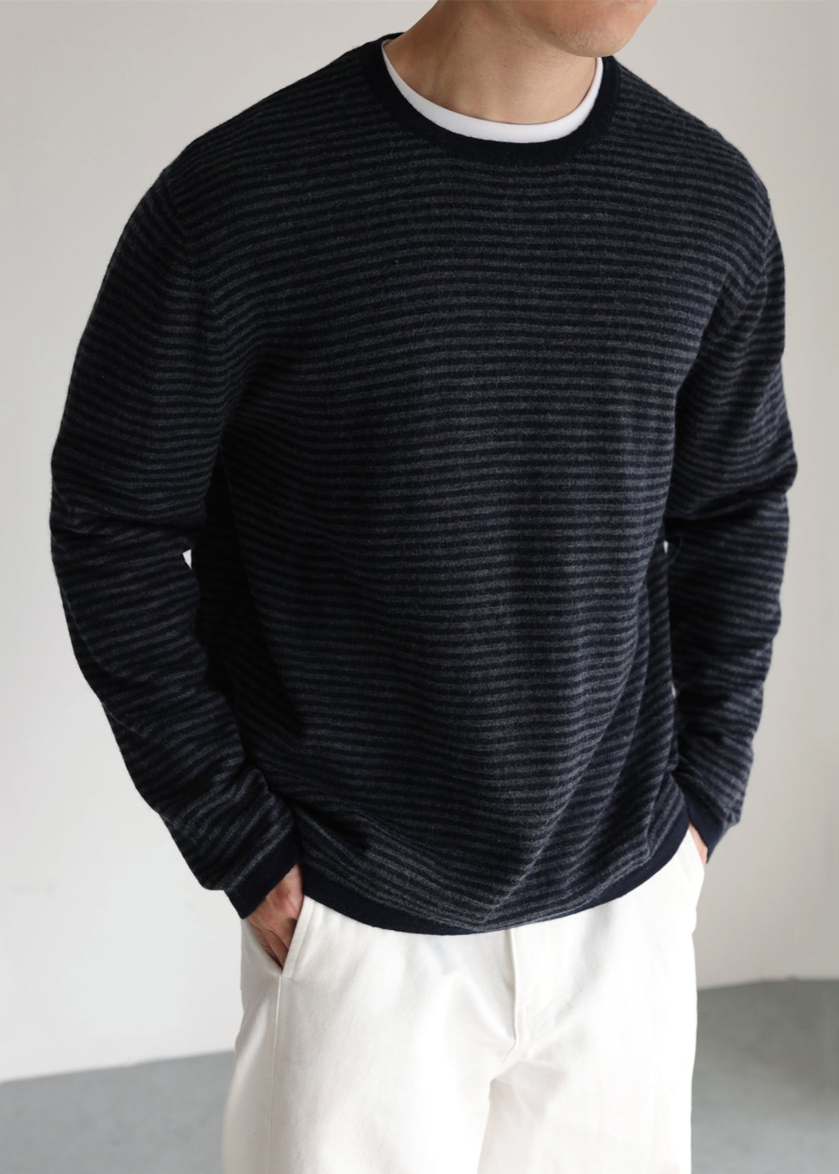 Striped O Neck Cozy Thin Knit Mens Sweater Fall