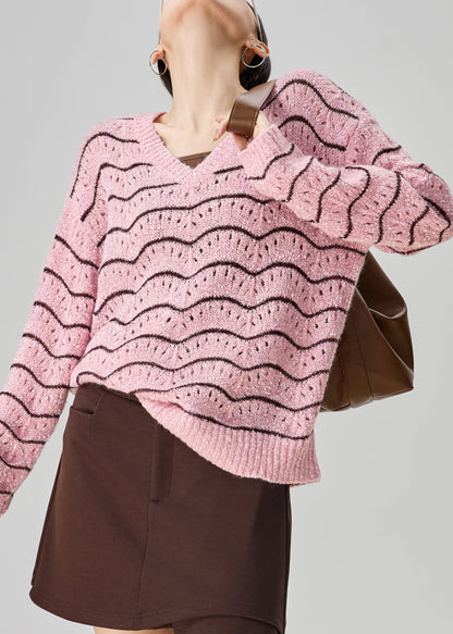 Striped Pink V Neck Hollow Out Knit Sweater Fall