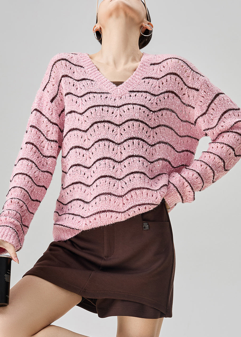 Striped Pink V Neck Hollow Out Knit Sweater Fall