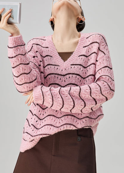 Striped Pink V Neck Hollow Out Knit Sweater Fall