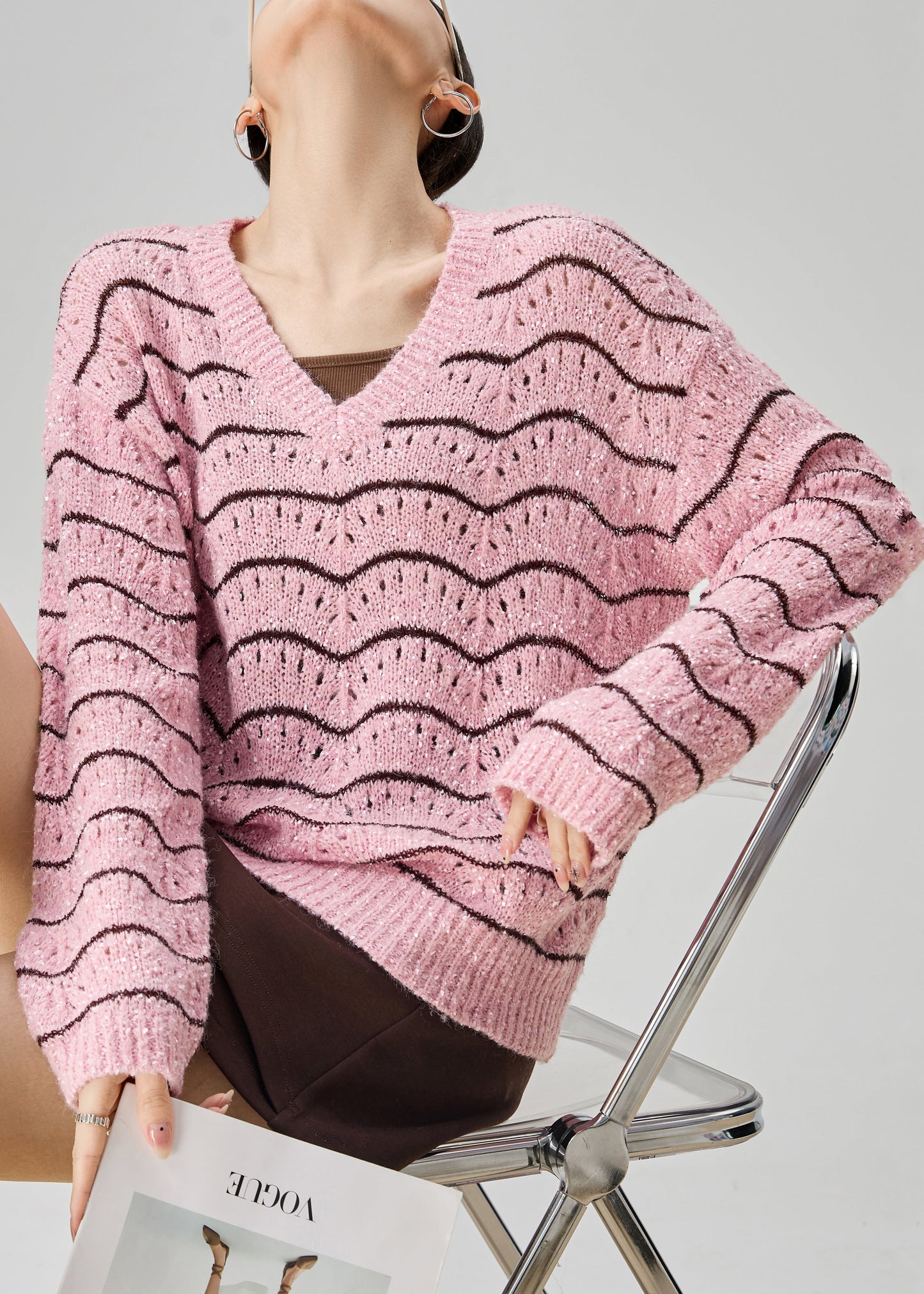 Striped Pink V Neck Hollow Out Knit Sweater Fall