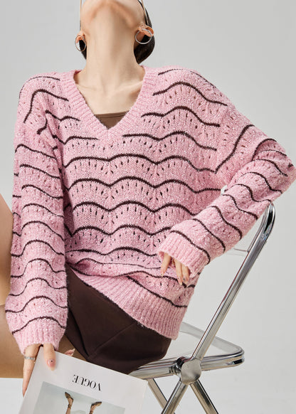 Striped Pink V Neck Hollow Out Knit Sweater Fall
