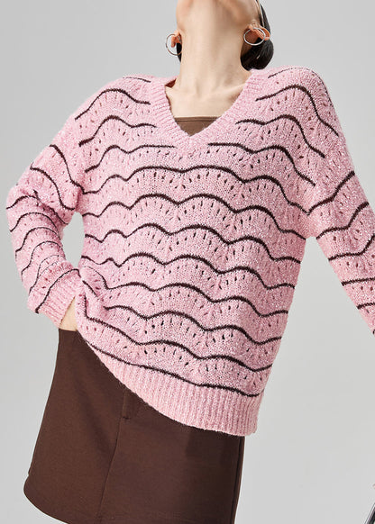 Striped Pink V Neck Hollow Out Knit Sweater Fall
