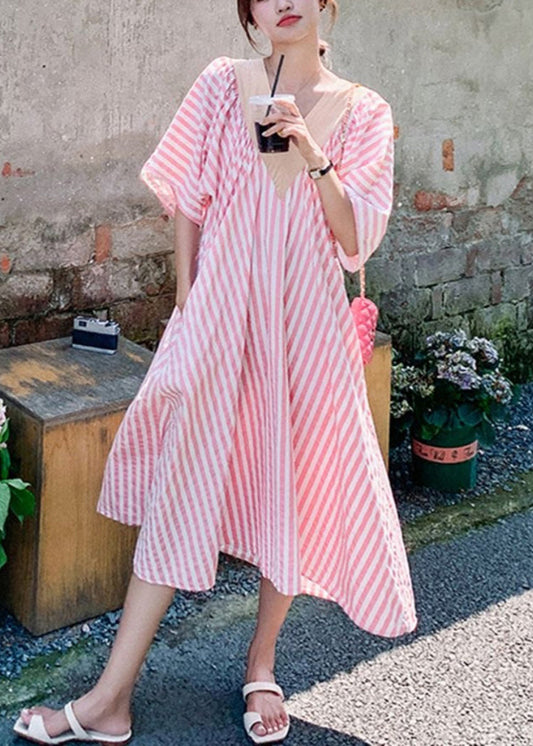 Striped Pink V Neck Pockets Cotton Long Dresses Half Sleeve