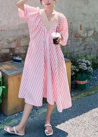 Striped Pink V Neck Pockets Cotton Long Dresses Half Sleeve