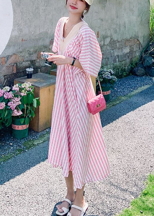 Striped Pink V Neck Pockets Cotton Long Dresses Half Sleeve