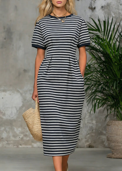 Striped Pockets High Waist Cotton Long Dress O Neck Summer