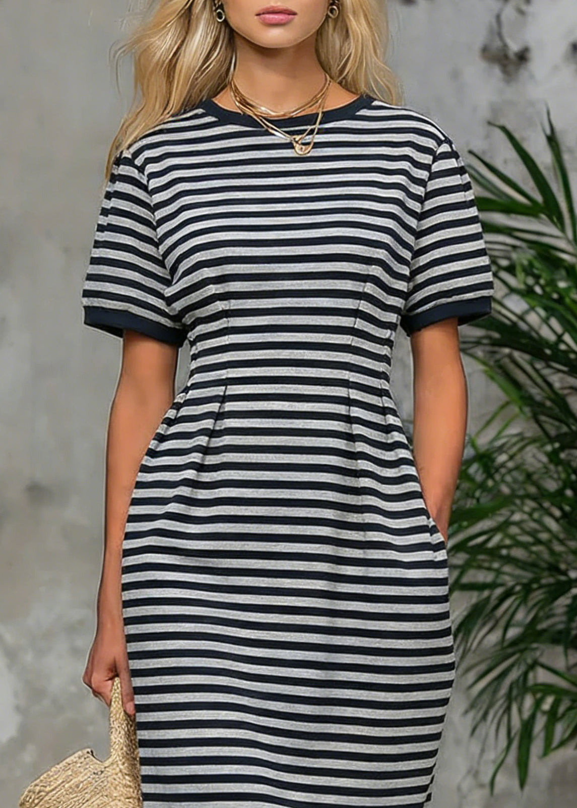 Striped Pockets High Waist Cotton Long Dress O Neck Summer