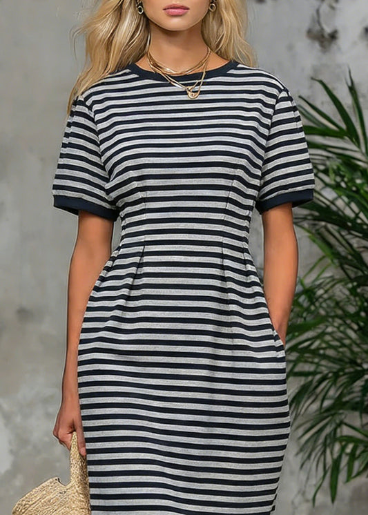 Striped Pockets High Waist Cotton Long Dress O Neck Summer