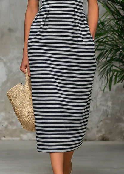Striped Pockets High Waist Cotton Long Dress O Neck Summer