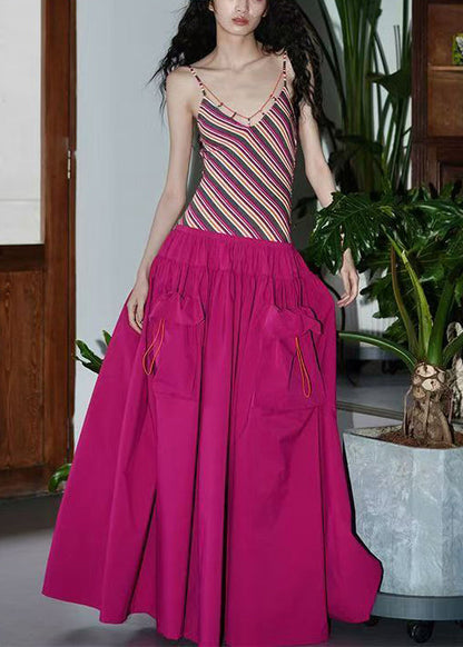 Striped Rose Wrinkled False Two Pieces Patchwork Cotton Long Dresses Sleeveless