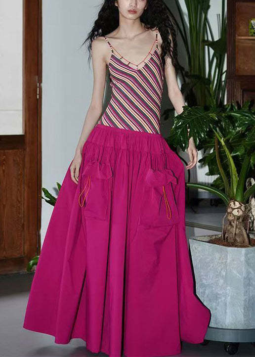 Striped Rose Wrinkled False Two Pieces Patchwork Cotton Long Dresses Sleeveless