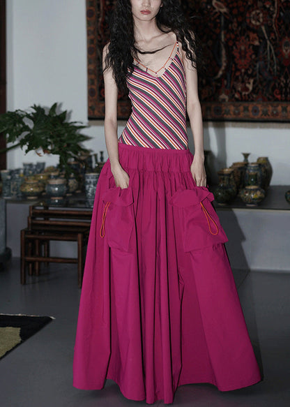 Striped Rose Wrinkled False Two Pieces Patchwork Cotton Long Dresses Sleeveless