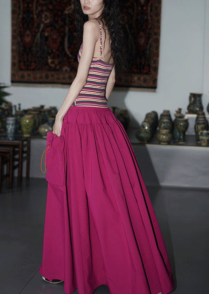 Striped Rose Wrinkled False Two Pieces Patchwork Cotton Long Dresses Sleeveless