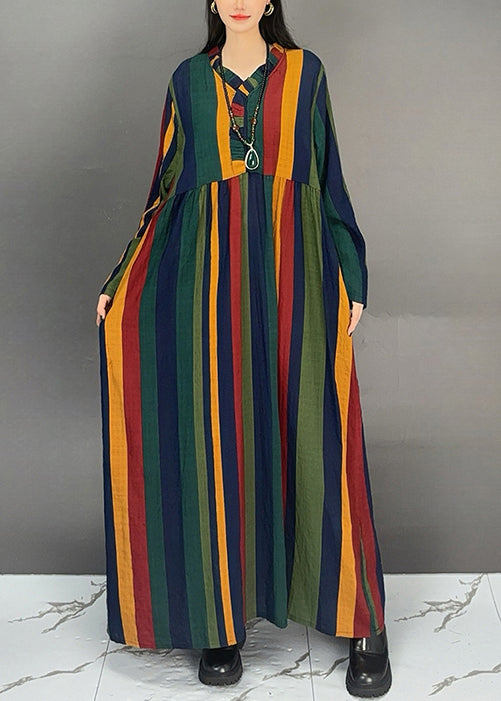 Striped V Neck Pockets Cotton Long Dresses Fall