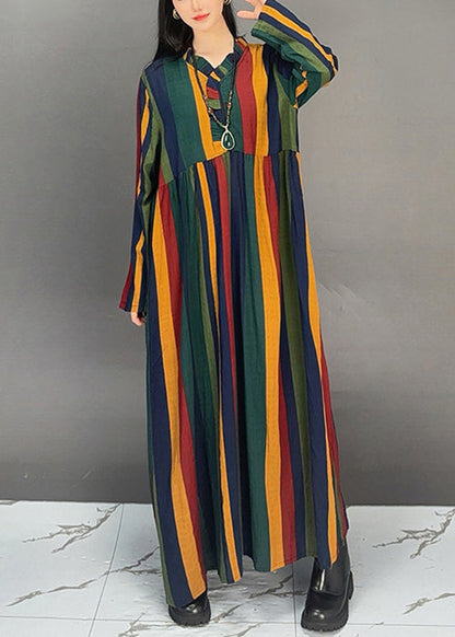 Striped V Neck Pockets Cotton Long Dresses Fall