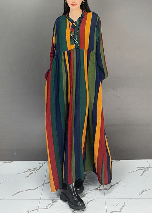 Striped V Neck Pockets Cotton Long Dresses Fall