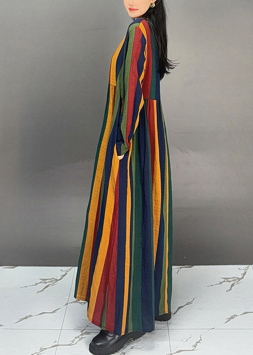 Striped V Neck Pockets Cotton Long Dresses Fall