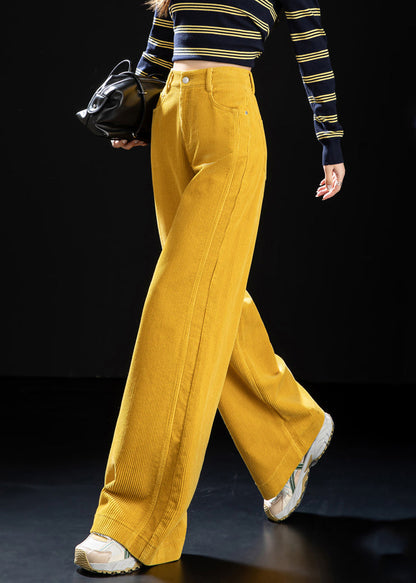 Striped Yellow Button Pockets High Waist Corduroy Wide Leg Pants Spring