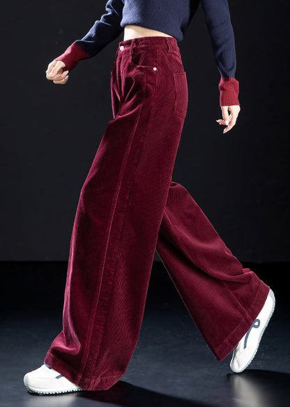 Striped Yellow Button Pockets High Waist Corduroy Wide Leg Pants Spring