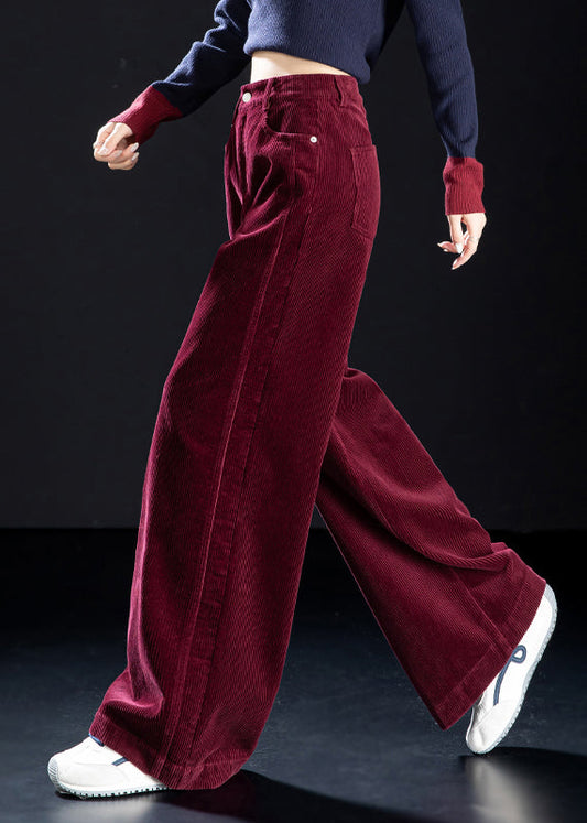 Striped Yellow Button Pockets High Waist Corduroy Wide Leg Pants Spring