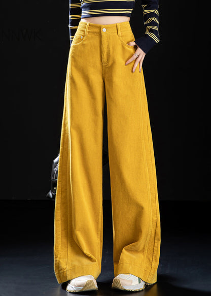 Striped Yellow Button Pockets High Waist Corduroy Wide Leg Pants Spring