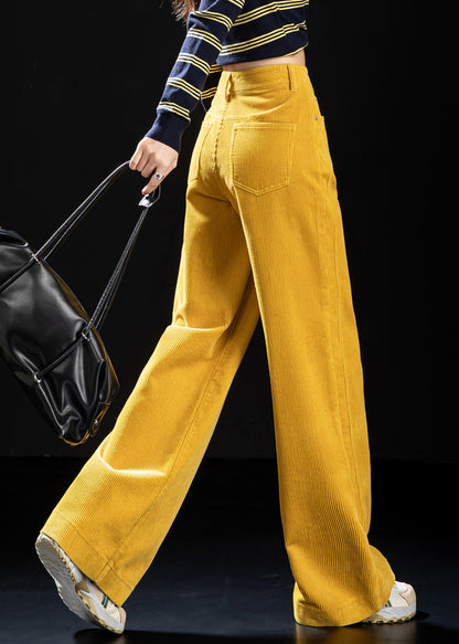 Striped Yellow Button Pockets High Waist Corduroy Wide Leg Pants Spring