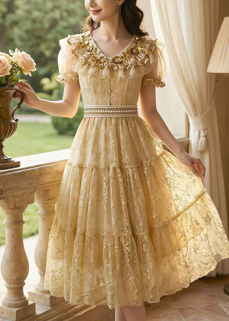 Style Apricot Ruffled Jacquard Tulle Maxi Dresses Summer