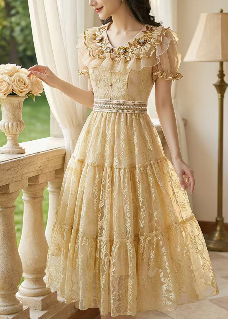 Style Apricot Ruffled Jacquard Tulle Maxi Dresses Summer