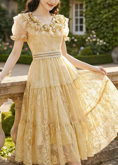 Style Apricot Ruffled Jacquard Tulle Maxi Dresses Summer