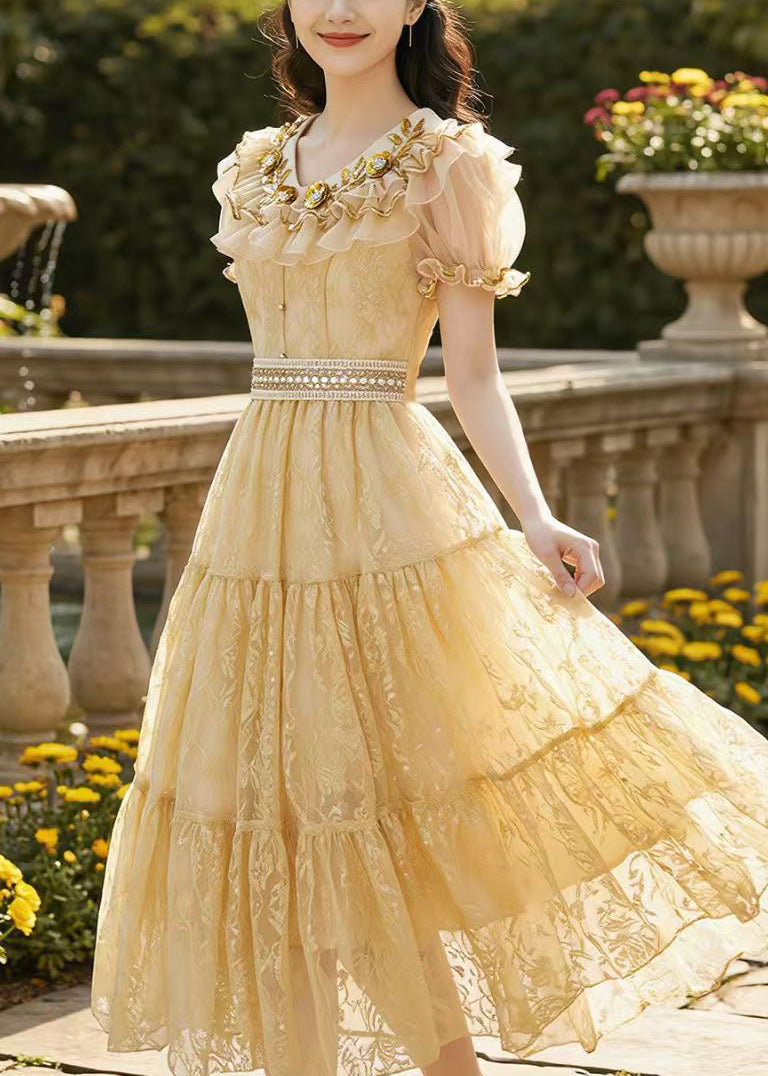Style Apricot Ruffled Jacquard Tulle Maxi Dresses Summer