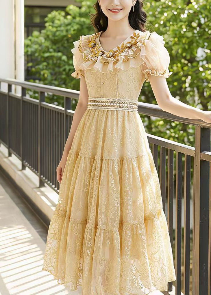 Style Apricot Ruffled Jacquard Tulle Maxi Dresses Summer