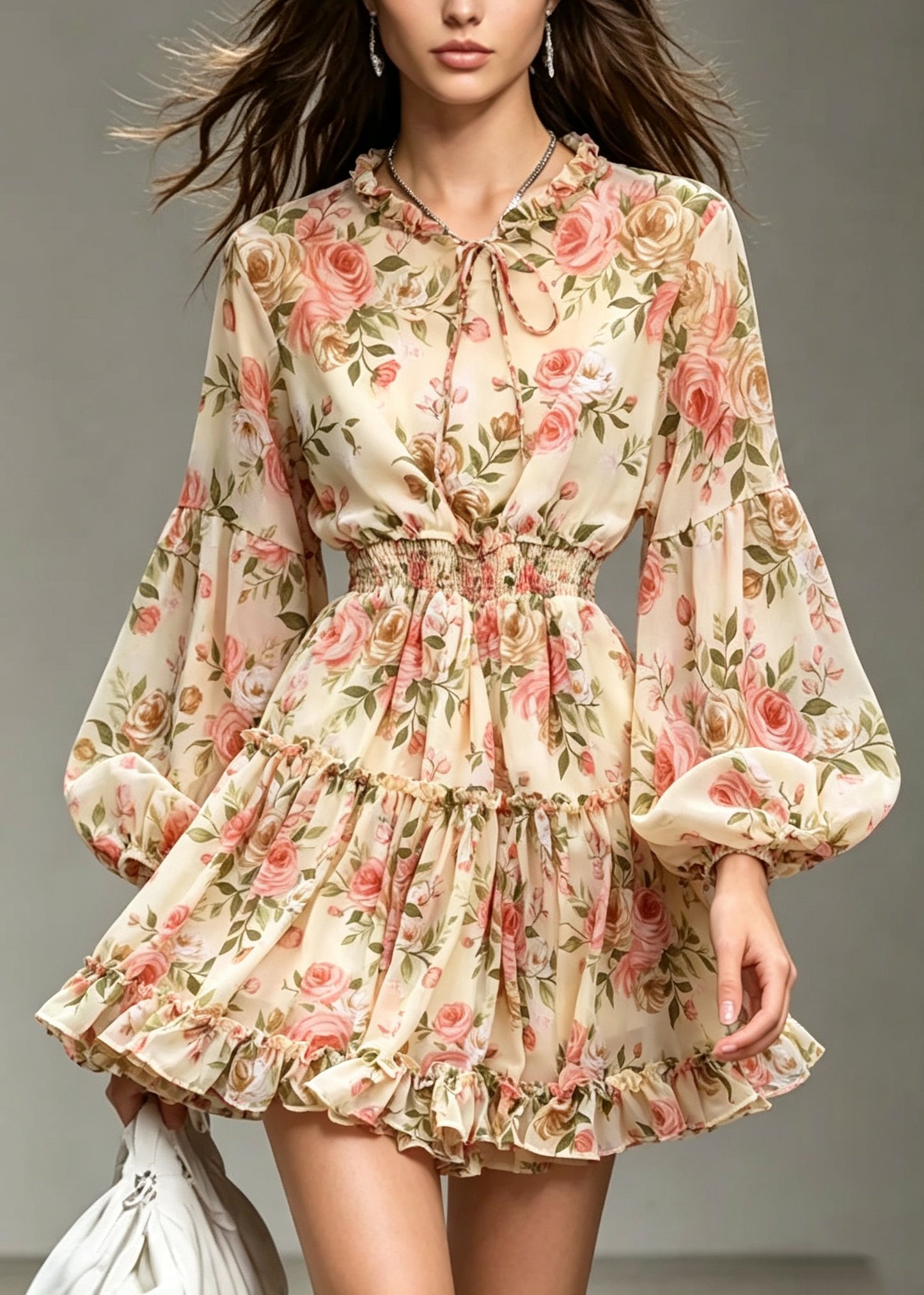Style Apricot Ruffled Print Patchwork Chiffon Dresses Lantern Sleeve
