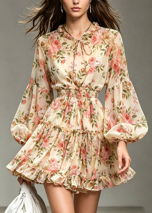 Style Apricot Ruffled Print Patchwork Chiffon Dresses Lantern Sleeve