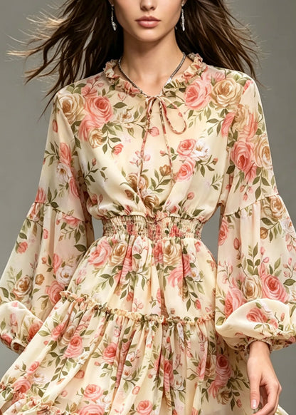 Style Apricot Ruffled Print Patchwork Chiffon Dresses Lantern Sleeve