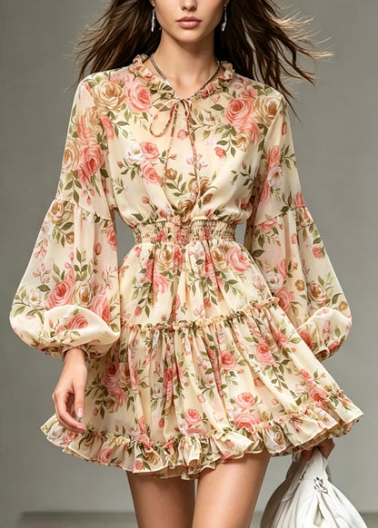 Style Apricot Ruffled Print Patchwork Chiffon Dresses Lantern Sleeve
