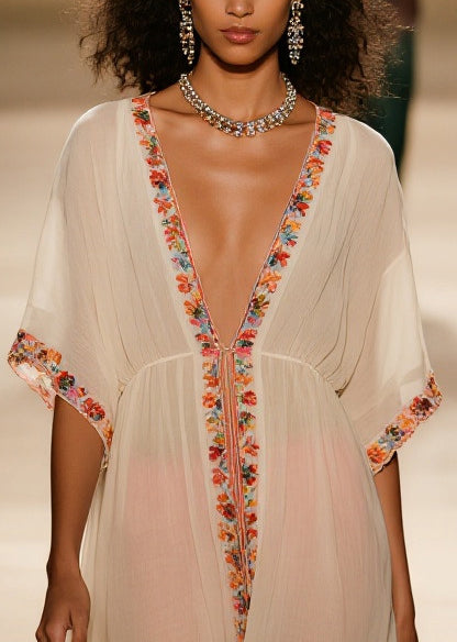 Style Apricot V Neck Floral Cotton Vacation Dresses Summer