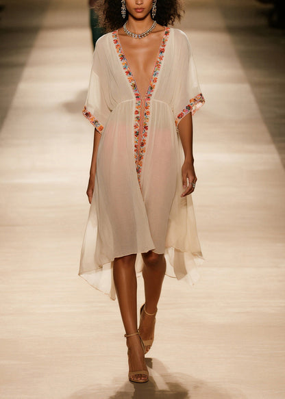 Style Apricot V Neck Floral Cotton Vacation Dresses Summer