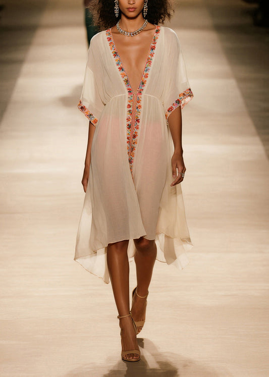 Style Apricot V Neck Floral Cotton Vacation Dresses Summer