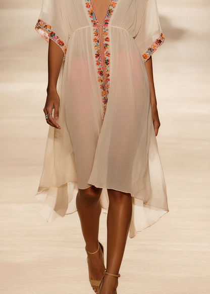 Style Apricot V Neck Floral Cotton Vacation Dresses Summer