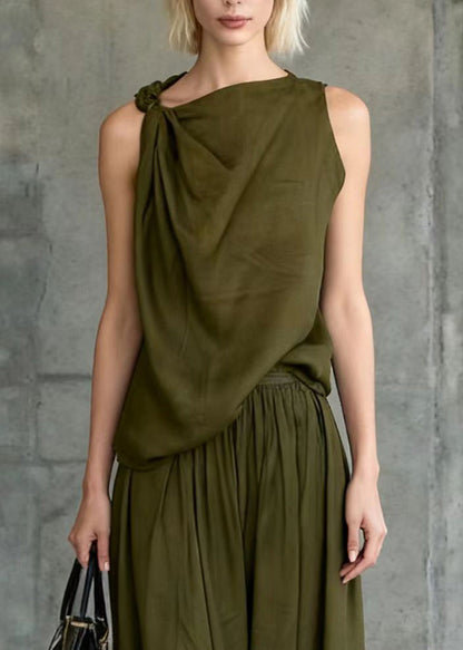 Style Army Green One Shoulder Knotted Cotton Two Piece Set Sleeveless