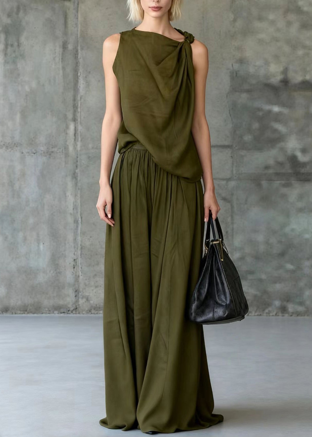 Style Army Green One Shoulder Knotted Cotton Two Piece Set Sleeveless