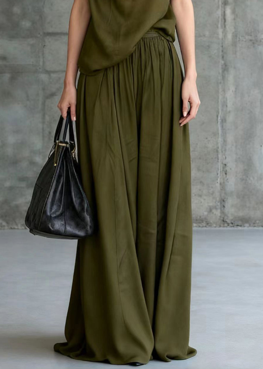 Style Army Green One Shoulder Knotted Cotton Two Piece Set Sleeveless