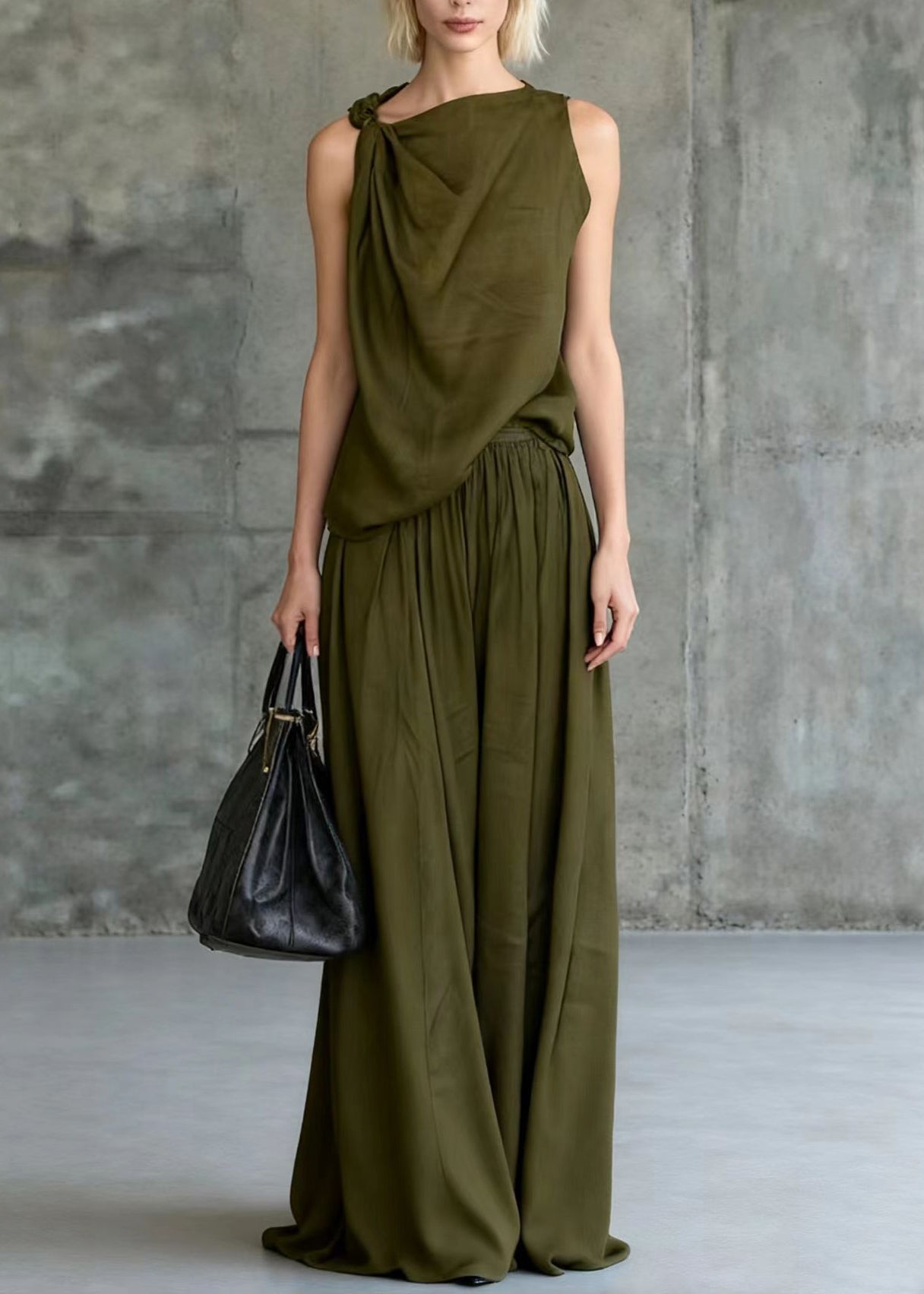 Style Army Green One Shoulder Knotted Cotton Two Piece Set Sleeveless