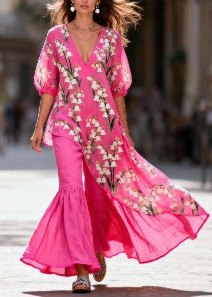 Style Asymmetrical Print Top And Pants Cotton Two Pieces Set Summer